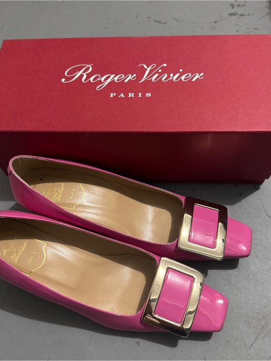 Roger Vivier Shoes - Roger Vivier Pink Patent Leather Square-Toe Buckle Flats